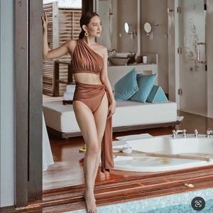 Brown one shoulder bikini Greek Goddess side tie